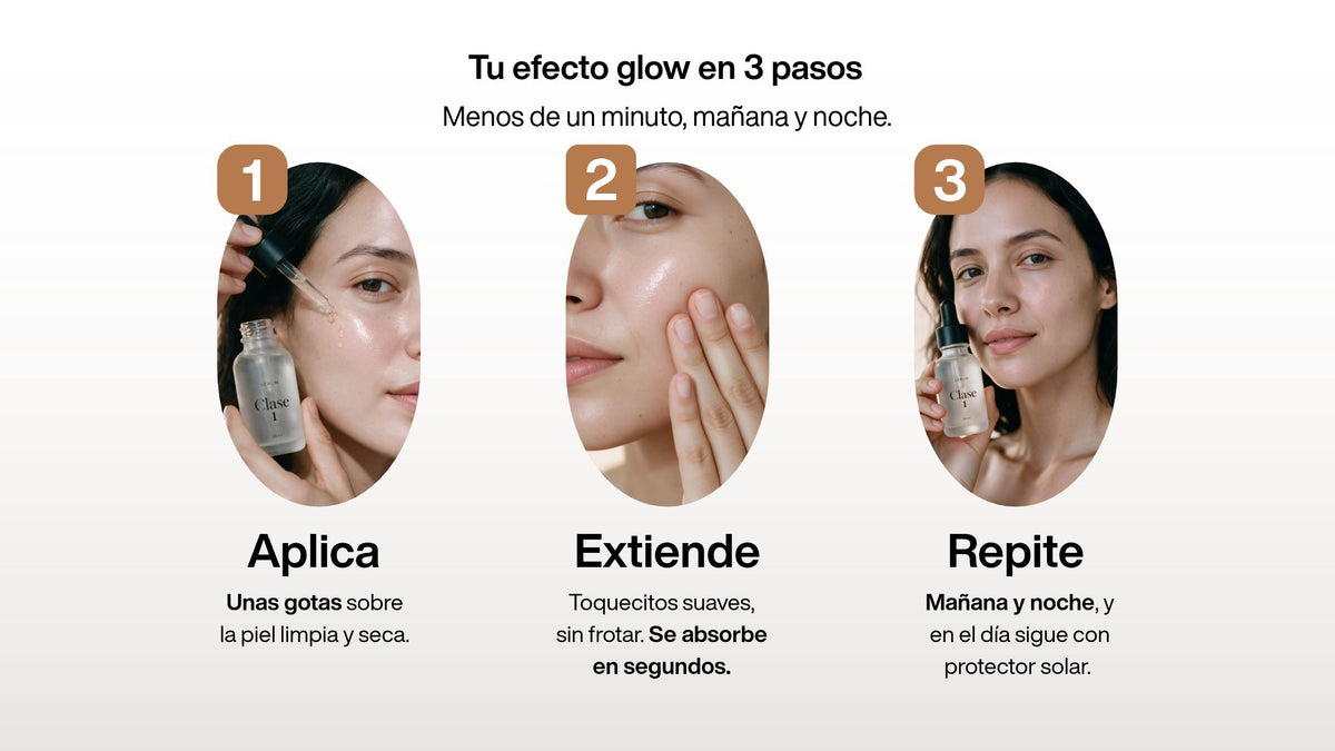 Cómo usar el Serum Clase 1 en 3 pasos: aplica unas gotas, extiende con toquecitos y repite mañana y noche.